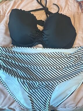 Victoria's Secret Black Bandeau Halter Top with Black & White Striped Bottoms